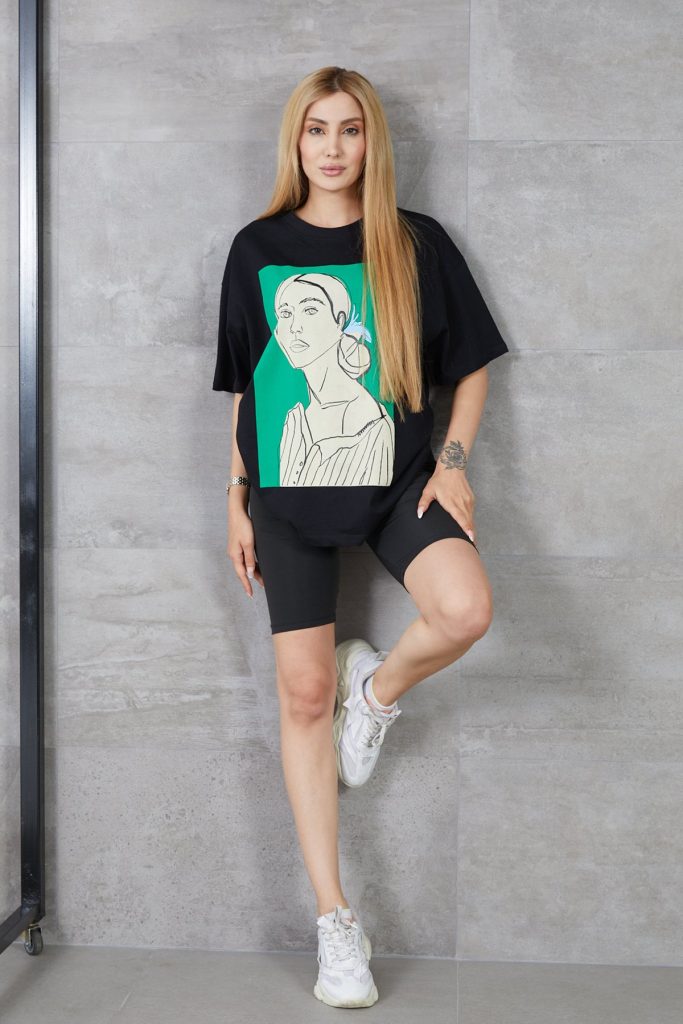 Kadın Silüet Baskılı Bisiklet Yaka Oversize T-shirt