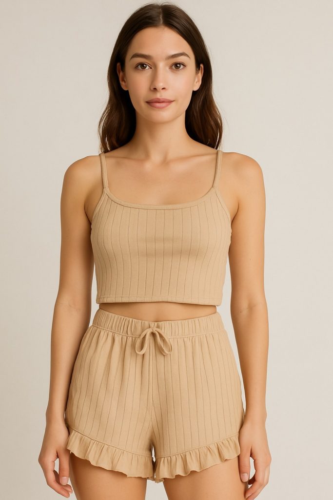 Crop Takım – Askılı Crop Takım Likralı Bej (XL)