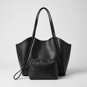Siyah Yumuşak Deri Omuz Çantası 31×24 cm Ekstra Makyaj Çantalı Günlük Kadın Çanta